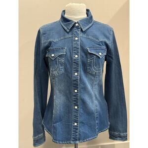 True Religion Womens Medium Denim Pearl Snap Long Sleeve Shirt Western NWT